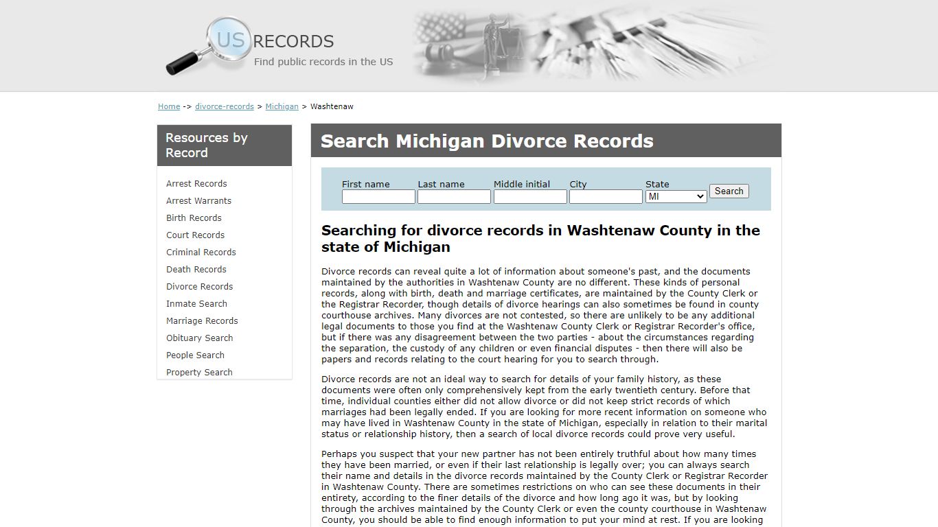 Search Divorce Records Washtenaw Michigan | US Records
